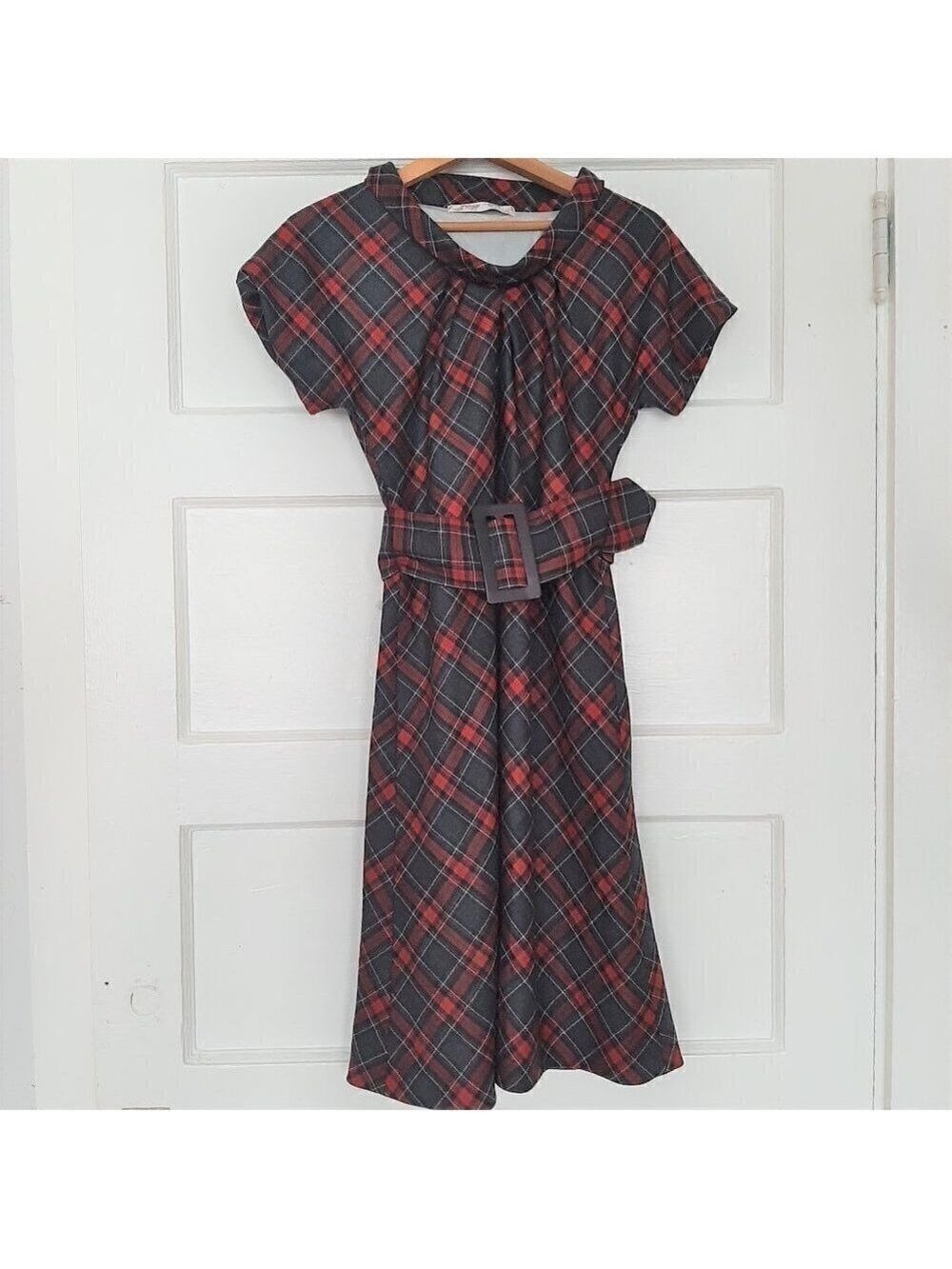 Mary Jane Italy Indie Designer Red Plaid Belted Vintage Inspired Wool Dress